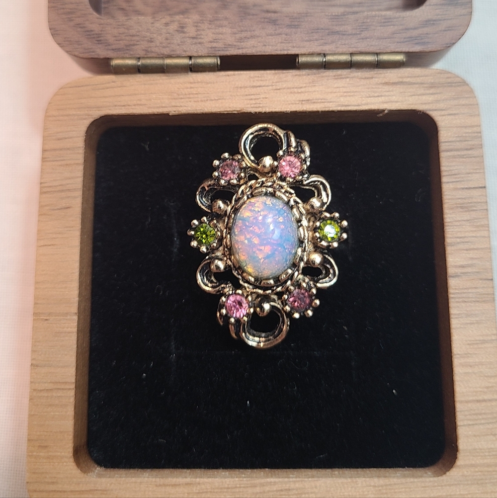 Vtg Sarah Coventry 1970s Pink Opal & Crystal Adjustable Ring 🩷🌴